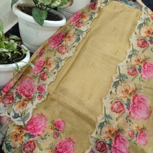 Mustard Floral Handprinted Kota Doria Dress Material Set with Embroidered Kurta, Dupatta & Bottom | Lightweight Summer Suit Fabric