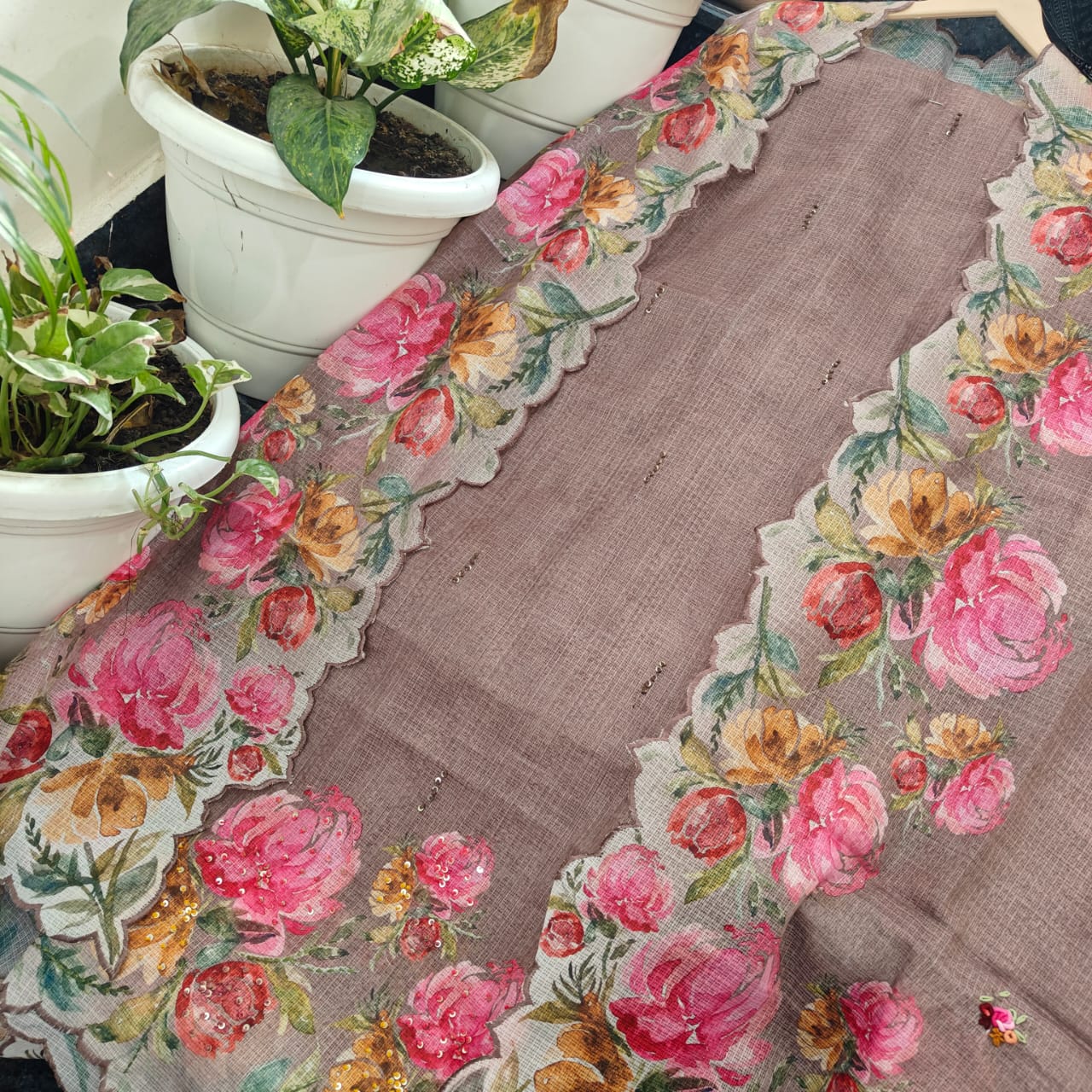 Mocha Brown Floral Handprinted Kota Doria Dress Material Set with Embroidered Kurta, Dupatta & Bottom | Lightweight Summer Suit Fabric