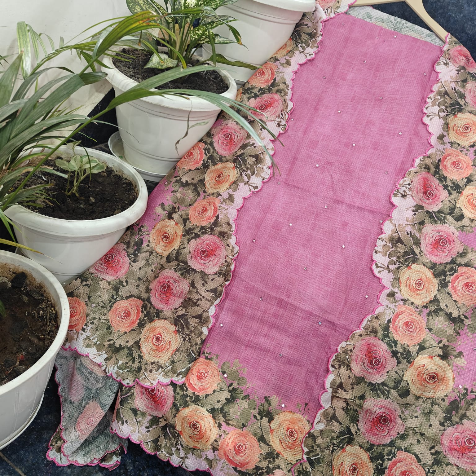 Rose Pink Digital Print Soft Silk Unstitched Kurta & Dupatta with Hand Mirror Work and Cutwork Border