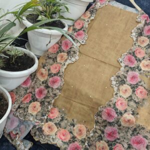 Golden Beige Floral Digital Print Soft Silk Unstitched Kurta & Dupatta with Hand Mirror Work and Cutwork Border