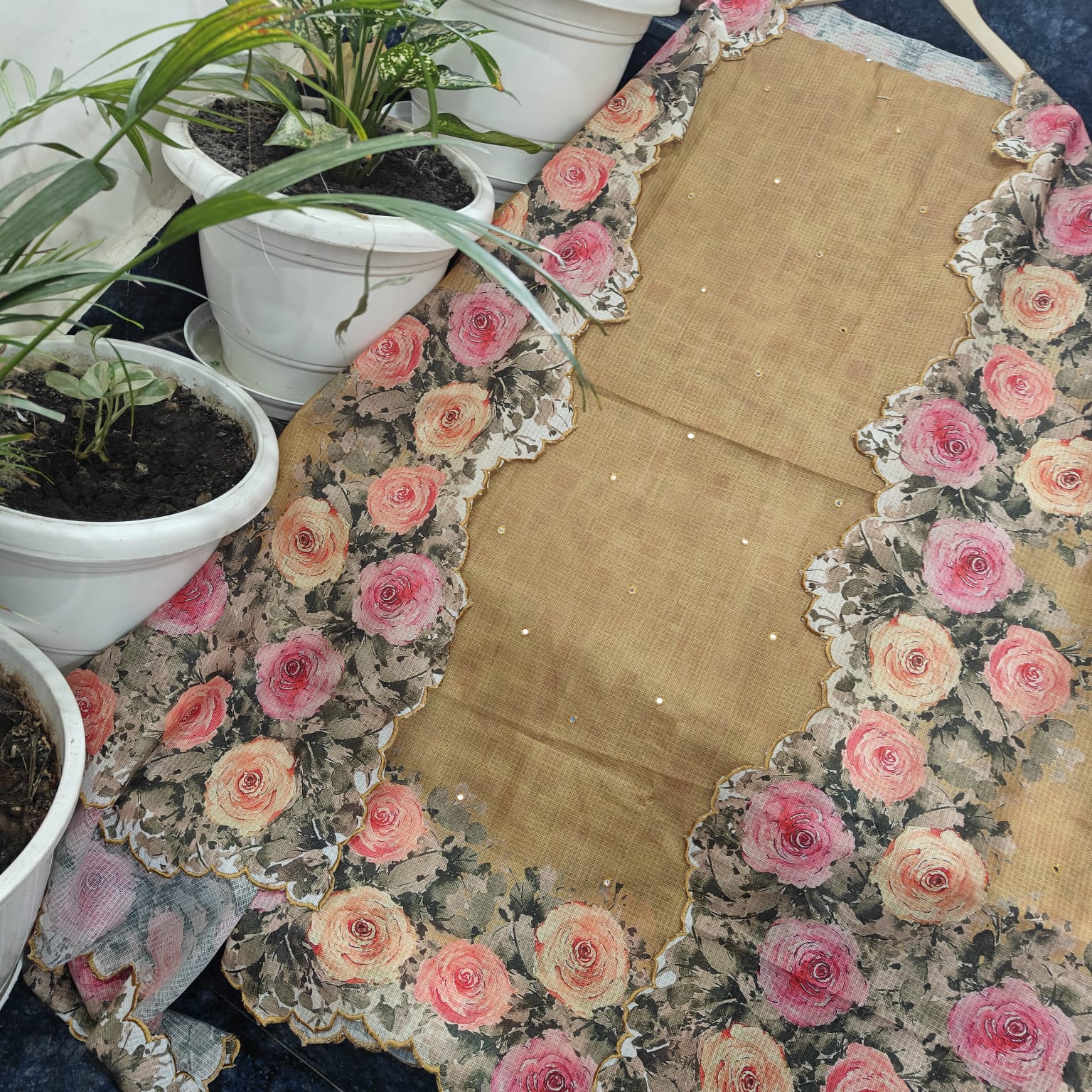 Golden Beige Floral Digital Print Soft Silk Unstitched Kurta & Dupatta with Hand Mirror Work and Cutwork Border