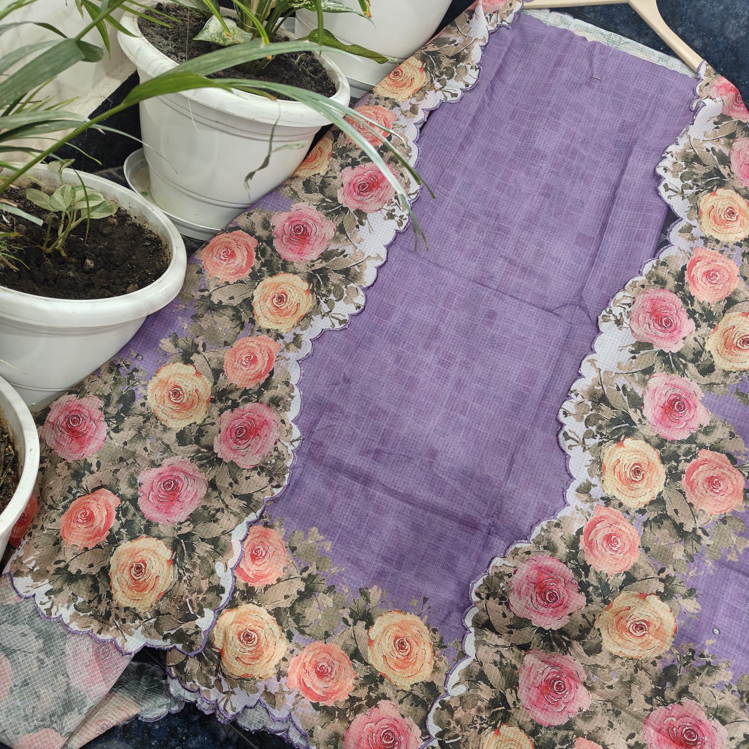 Lavender Purple Rose Floral Digital Print Soft Silk Unstitched Kurta & Dupatta with Hand Mirror Work and Cutwork Border