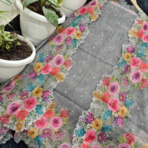 Grey Floral Digital Print Soft Silk Unstitched Kurta & Dupatta with Hand Mirror Work and Cutwork Border