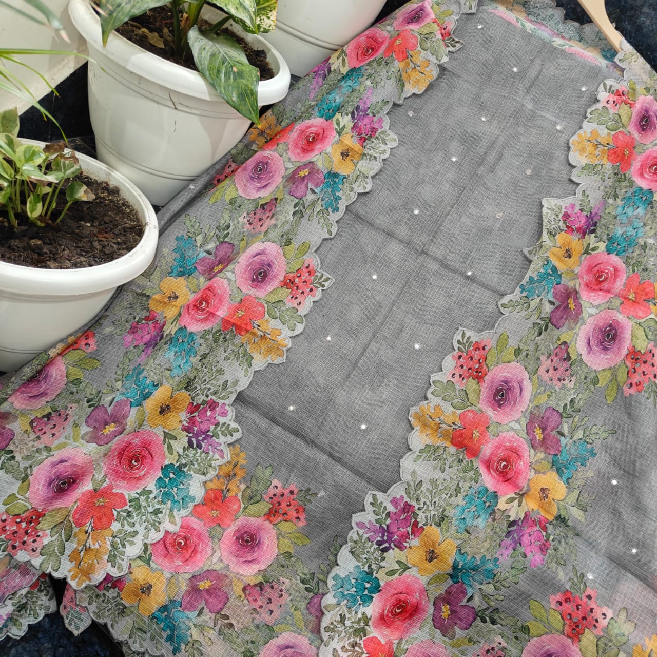 Grey Floral Digital Print Soft Silk Unstitched Kurta & Dupatta with Hand Mirror Work and Cutwork Border