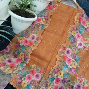 Rust Brown Floral Digital Print Soft Silk Unstitched Kurta & Dupatta with Hand Mirror Work and Cutwork Border
