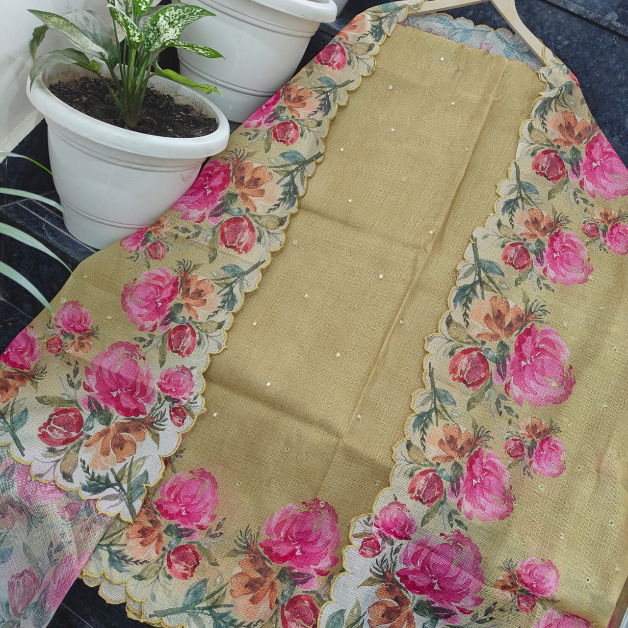 Olive Beige Floral Digital Print Soft Silk Unstitched Kurta & Dupatta with Hand Mirror Work and Cutwork Border