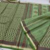 Lime Green Hand-Printed Kota Doria Saree with Floral Jaal & Contrast Maroon Border (Running Blouse Included)