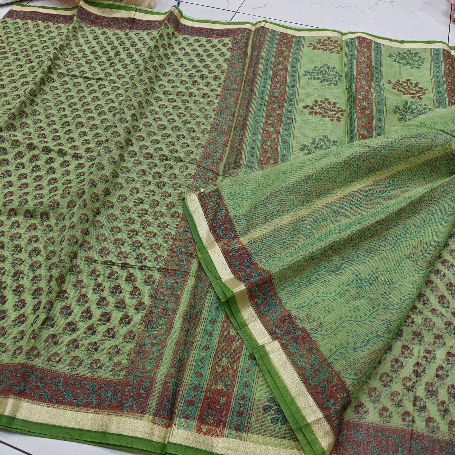 Lime Green Hand-Printed Kota Doria Saree with Floral Jaal & Contrast Maroon Border (Running Blouse Included)