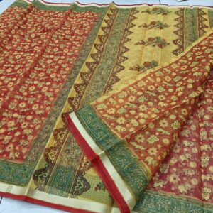 Mustard Yellow & Rust Red Elephant Motif Hand-Printed Kota Doria Saree with Floral Panels (Running Blouse Included)