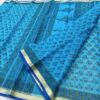 Azure Blue Hand-Printed Kota Doria Saree with Floral Jaal & Contrast Royal Blue Border (Running Blouse Included)