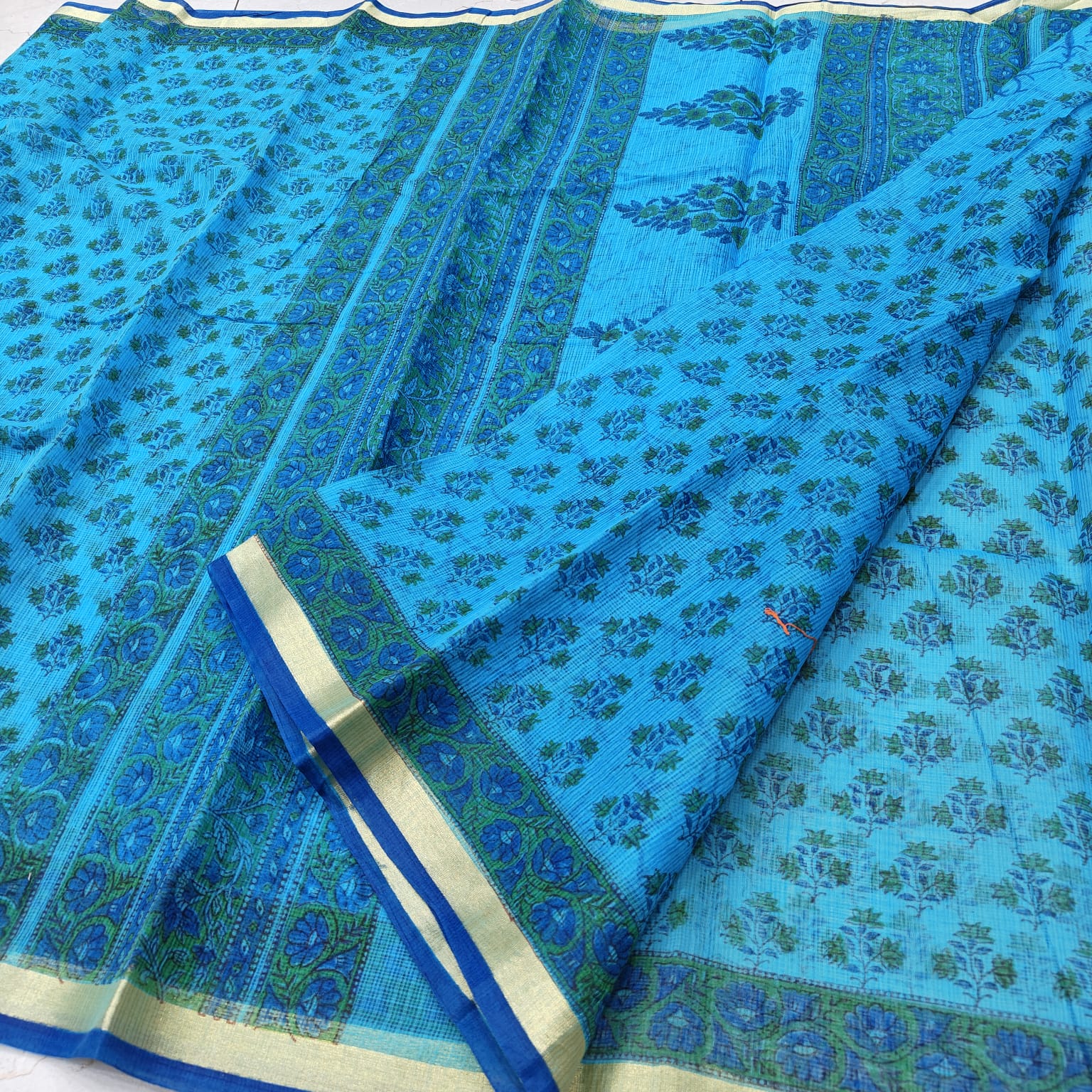 Azure Blue Hand-Printed Kota Doria Saree with Floral Jaal & Contrast Royal Blue Border (Running Blouse Included)
