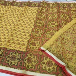 Mustard Yellow Mughal Jaal Hand-Printed Kota Doria Saree with Rust Panels & Contrast Border (Running Blouse Included)