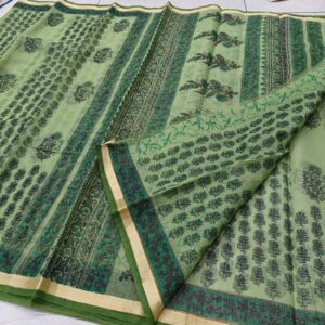 Sage Green Hand-Printed Kota Doria Saree with Tonal Green Floral Jaal & Contrast Emerald Border (Running Blouse Included)