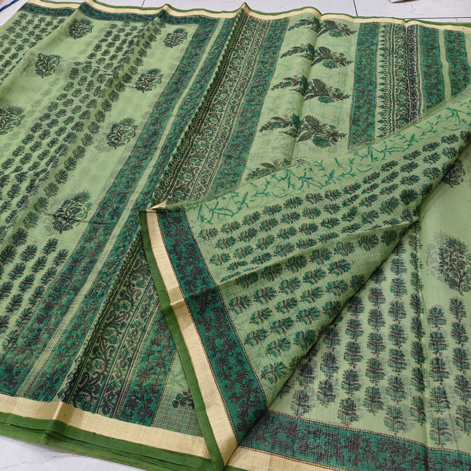 Sage Green Hand-Printed Kota Doria Saree with Tonal Green Floral Jaal & Contrast Emerald Border (Running Blouse Included)