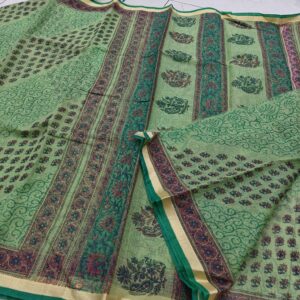 Pistachio Green Hand-Printed Kota Doria Saree with Scroll Jaal & Multicolor Floral Border (Running Blouse Included)