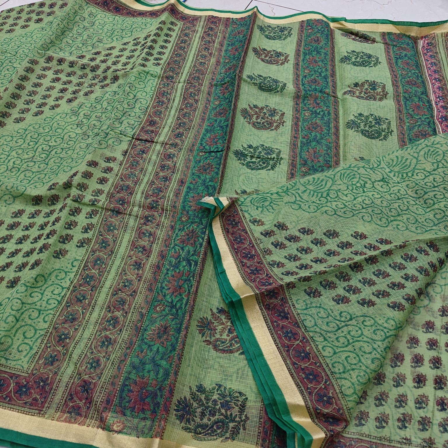 Pistachio Green Hand-Printed Kota Doria Saree with Scroll Jaal & Multicolor Floral Border (Running Blouse Included)
