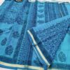 Sky Blue Hand-Printed Kota Doria Saree with All-Over Floral Jaal & Navy Border (Running Blouse Included)