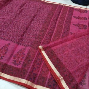 Wine Pink Leafy Jaal Hand-Printed Kota Doria Saree with Floral Butas & Contrast Border (Running Blouse Included)