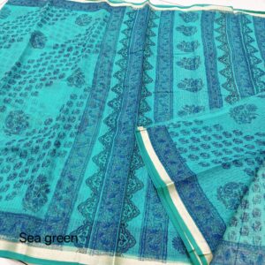 Sea Green Hand-Printed Kota Doria Saree with Floral Panels & Contrast Blue Border (Running Blouse Included)