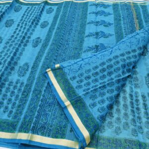 Turquoise Blue Hand-Printed Kota Doria Saree with Tonal Green Floral Jaal & Contrast Border (Running Blouse Included)