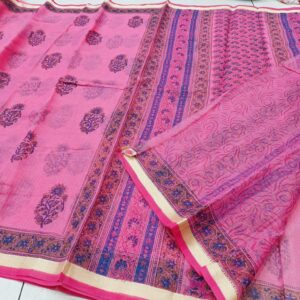 Rani Pink Hand-Printed Kota Doria Saree with Floral Butas & Royal Blue Panelled Pallu (Running Blouse Included)