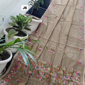 Hand-Embroidered Linen Chanderi Saree in Earthy Beige with Multicolour Floral Work | Running Blouse Included (Embroidered Sleeves))