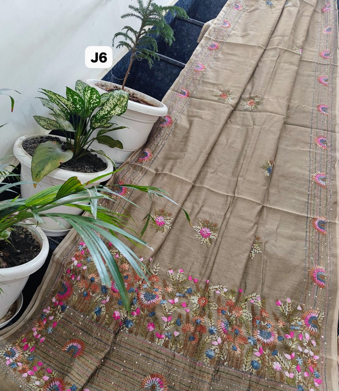 Hand-Embroidered Linen Chanderi Saree in Earthy Beige with Multicolour Floral Work | Running Blouse Included (Embroidered Sleeves))