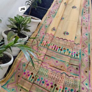 Pastel Bloom Hand-Embroidered Linen Chanderi Saree with Artisan Border