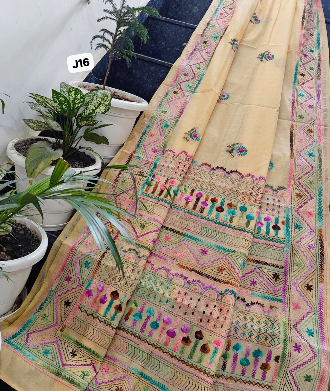 Pastel Bloom Hand-Embroidered Linen Chanderi Saree with Artisan Border