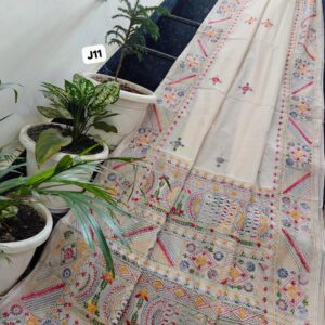 Ivory Meadow Hand-Embroidered Linen Chanderi Saree with Pastel Artisan Border