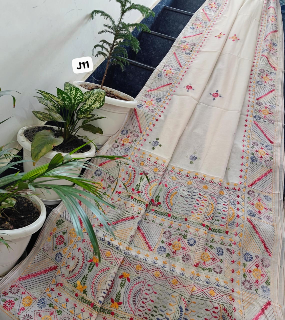 Ivory Meadow Hand-Embroidered Linen Chanderi Saree with Pastel Artisan Border