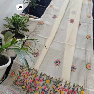 Off-white Garden Hand-Embroidered Linen Chanderi Saree with Floral Pallu