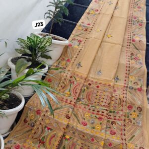 Golden Meadow Hand-Embroidered Linen Chanderi Saree with Heritage Border