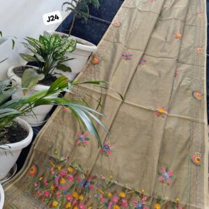Olive Blossom Hand-Embroidered Linen Chanderi Saree with Floral Garden Pallu