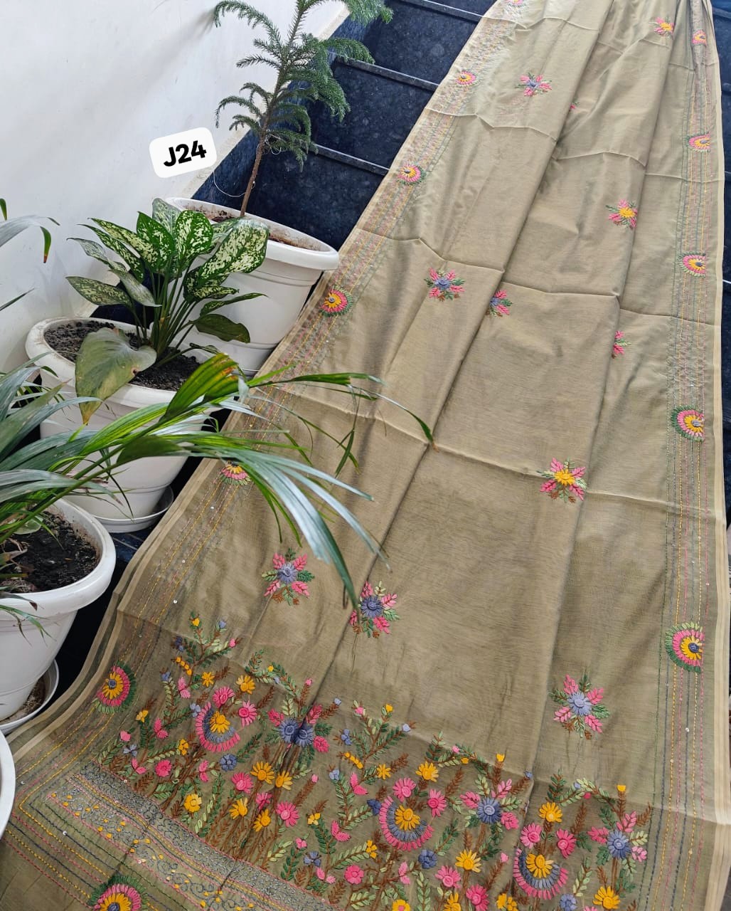 Olive Blossom Hand-Embroidered Linen Chanderi Saree with Floral Garden Pallu