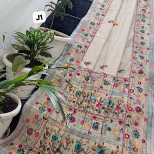 Ivory Floral Heirloom Hand-Embroidered Linen Chanderi Saree