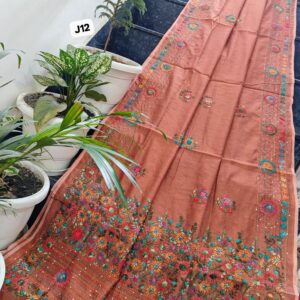 Rust Blossom Hand-Embroidered Linen Chanderi Saree with Floral Garden Pallu