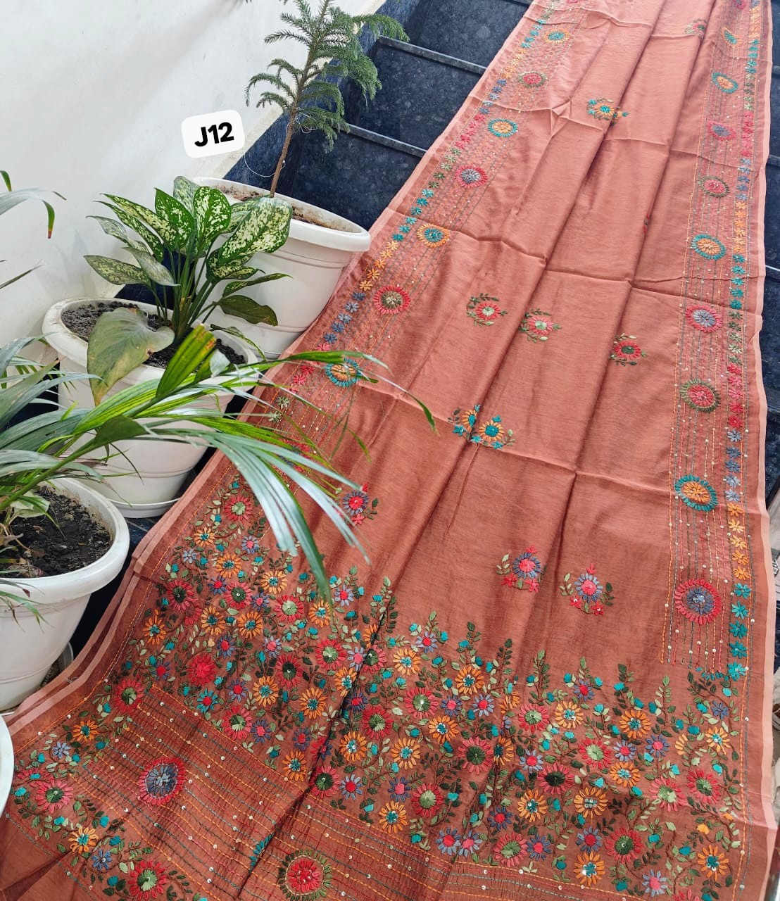 Rust Blossom Hand-Embroidered Linen Chanderi Saree with Floral Garden Pallu