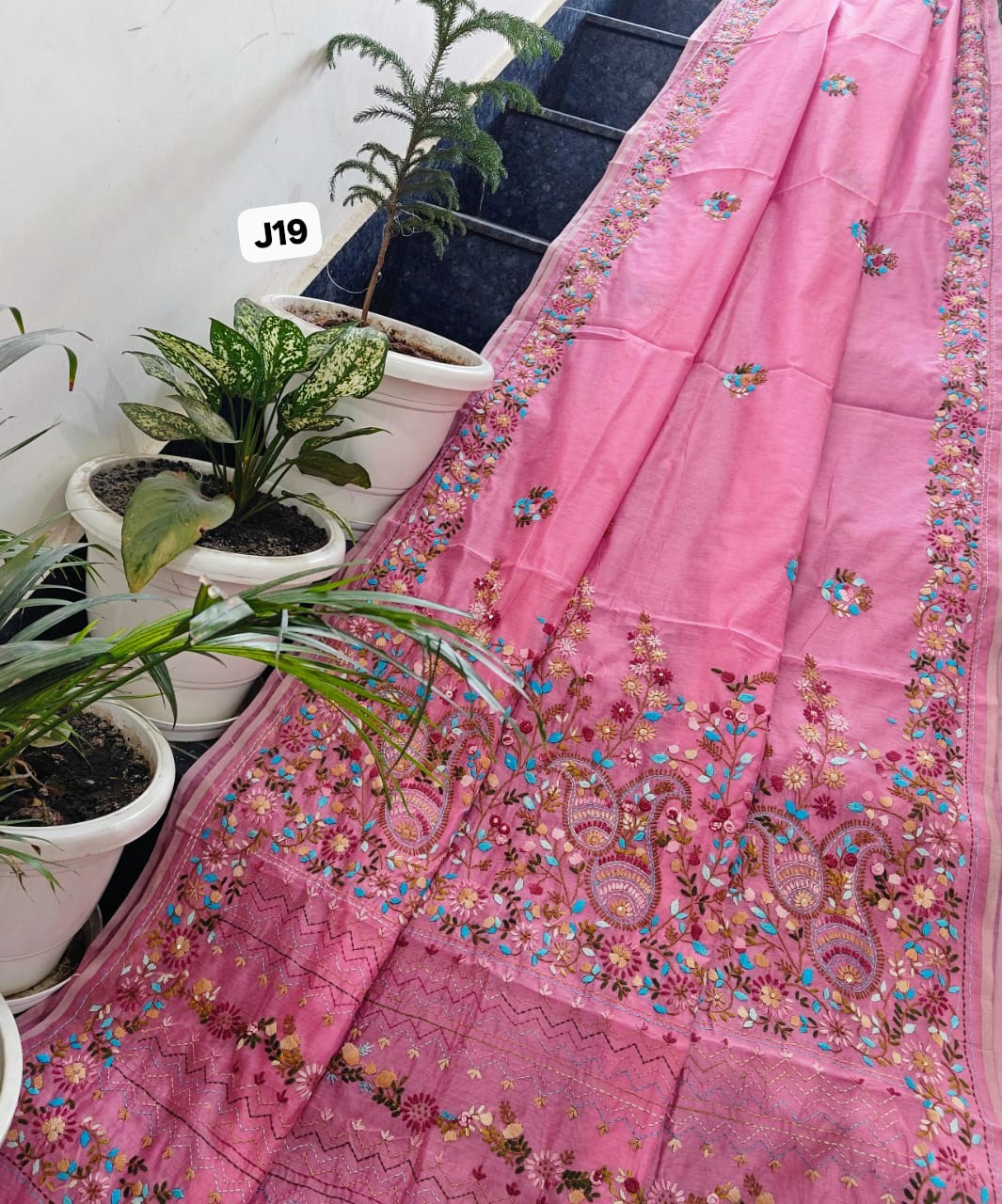Pink Gulmohar Hand-Embroidered Linen Chanderi Saree with Floral Paisley Pallu