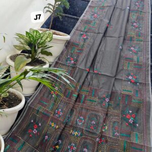 Midnight Charcoal Hand-Embroidered Linen Chanderi Saree | Floral & Geometric Artisan Work