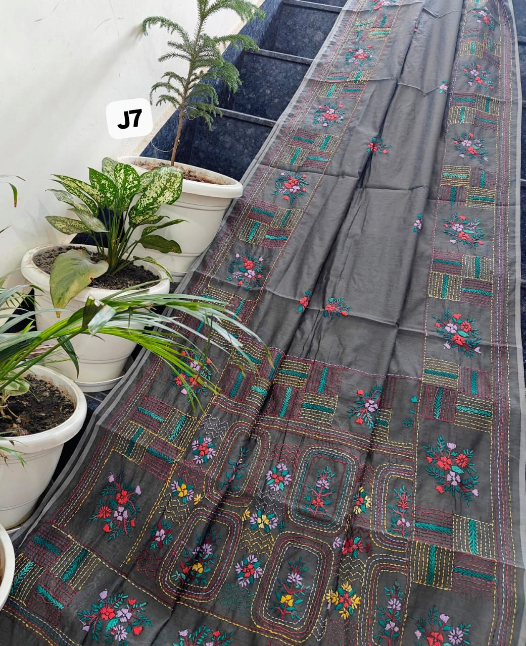 Midnight Charcoal Hand-Embroidered Linen Chanderi Saree | Floral & Geometric Artisan Work