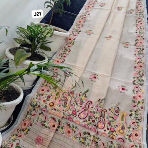 Ivory Phoolkari Garden Hand-Embroidered Linen Chanderi Saree