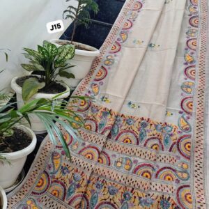 Natural Beige Rangoli Hand-Embroidered Linen Chanderi Saree with Paisley Border