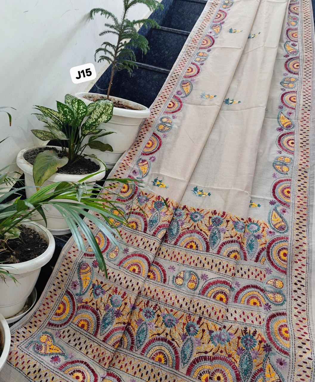 Natural Beige Rangoli Hand-Embroidered Linen Chanderi Saree with Paisley Border