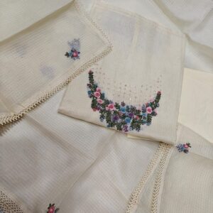 Cream Meadow Hand-Embroidered Kota Doria Kurta Set with Dupatta & Bottom