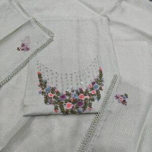 Ivory Bloom Hand-Embroidered Kota Doria Kurta Set with Dupatta & Bottom