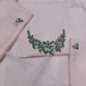 Blush Bloom Hand-Embroidered Kota Doria Kurta Set with Dupatta & Bottom