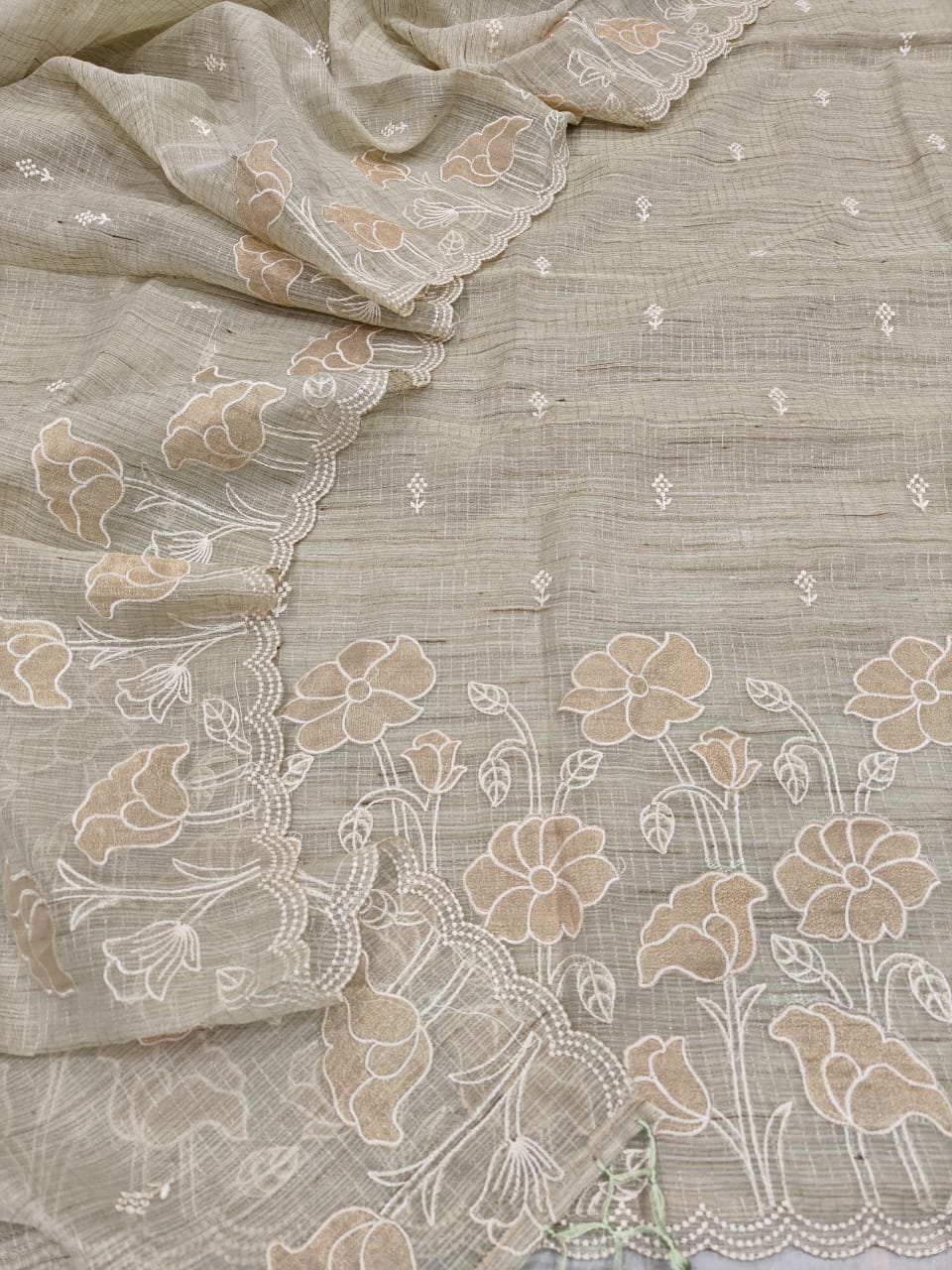 Pastel Beige Kota Tissue Hand Appliqué Unstitched Suit Set (Kurta, Dupatta & Bottom – 2.5m Each)