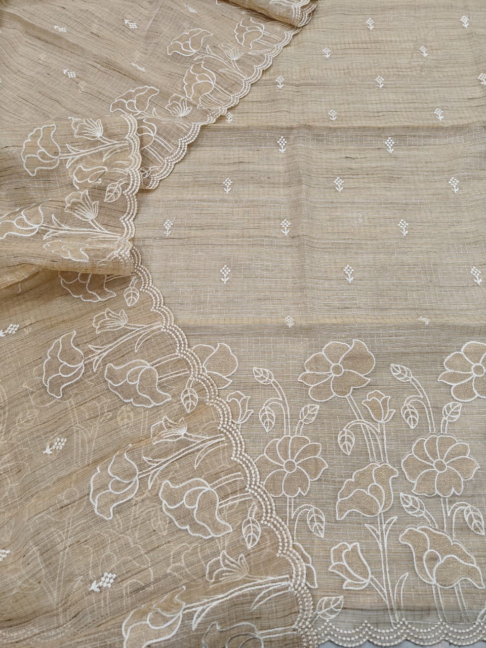 Sand Beige Kota Tissue Hand Appliqué Floral Unstitched Suit Set (Kurta, Dupatta & Bottom – 2.5 m Each)