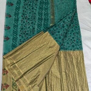 Emerald Green Pure Kota Doria Saree with Gold Zari Pallu & Plain Running Blouse for Festive Wear.